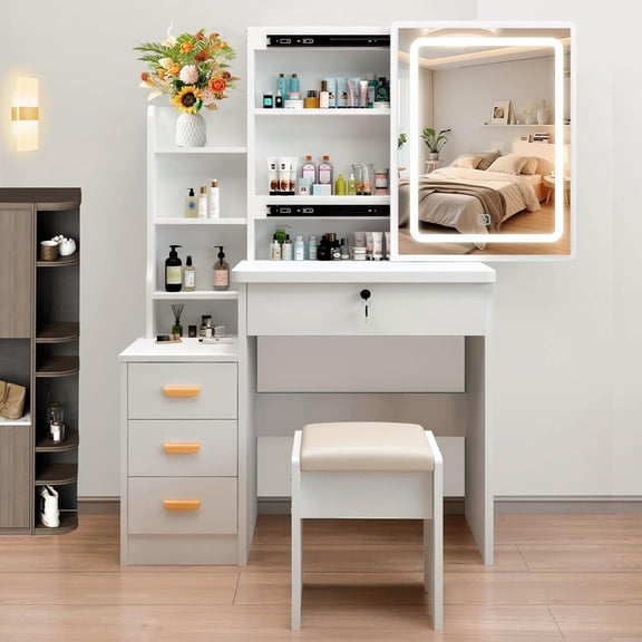 Lighted Makeup Vanity Table with Cushioned Stool, LED Large Mirror 3 Color Dimmable Lights, Multi Drawers Storage Glass Cabinet, Modern Dressing Table for Bedroom Gift
