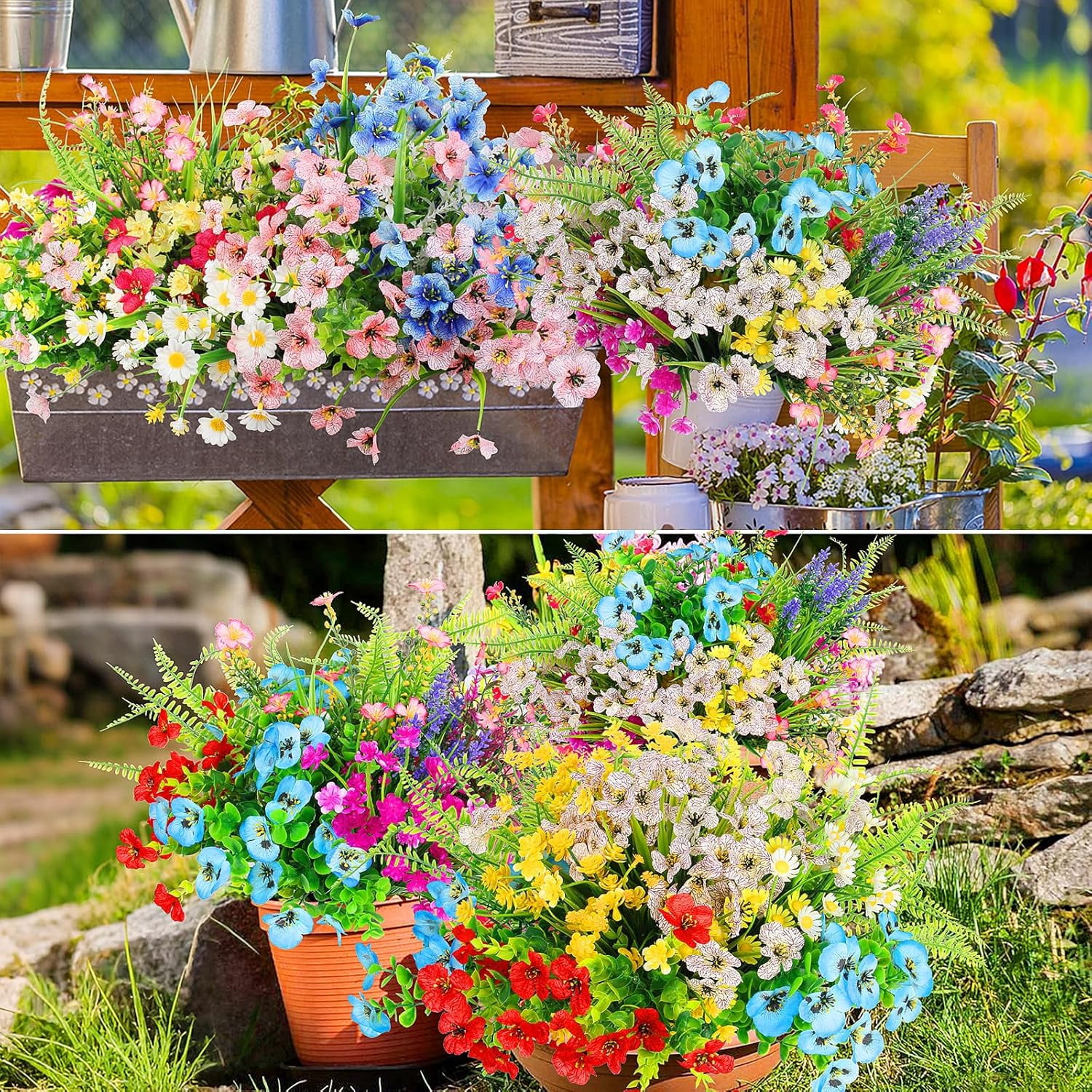 26 Bundles 13 Style Multicolor Artificial Outdoor Flowers, Fake Plastic Plants Faux Lavender Pansies, UV Resistant for Spring Summer Garden Patio Hanging Planter Window Box Vase Decor
