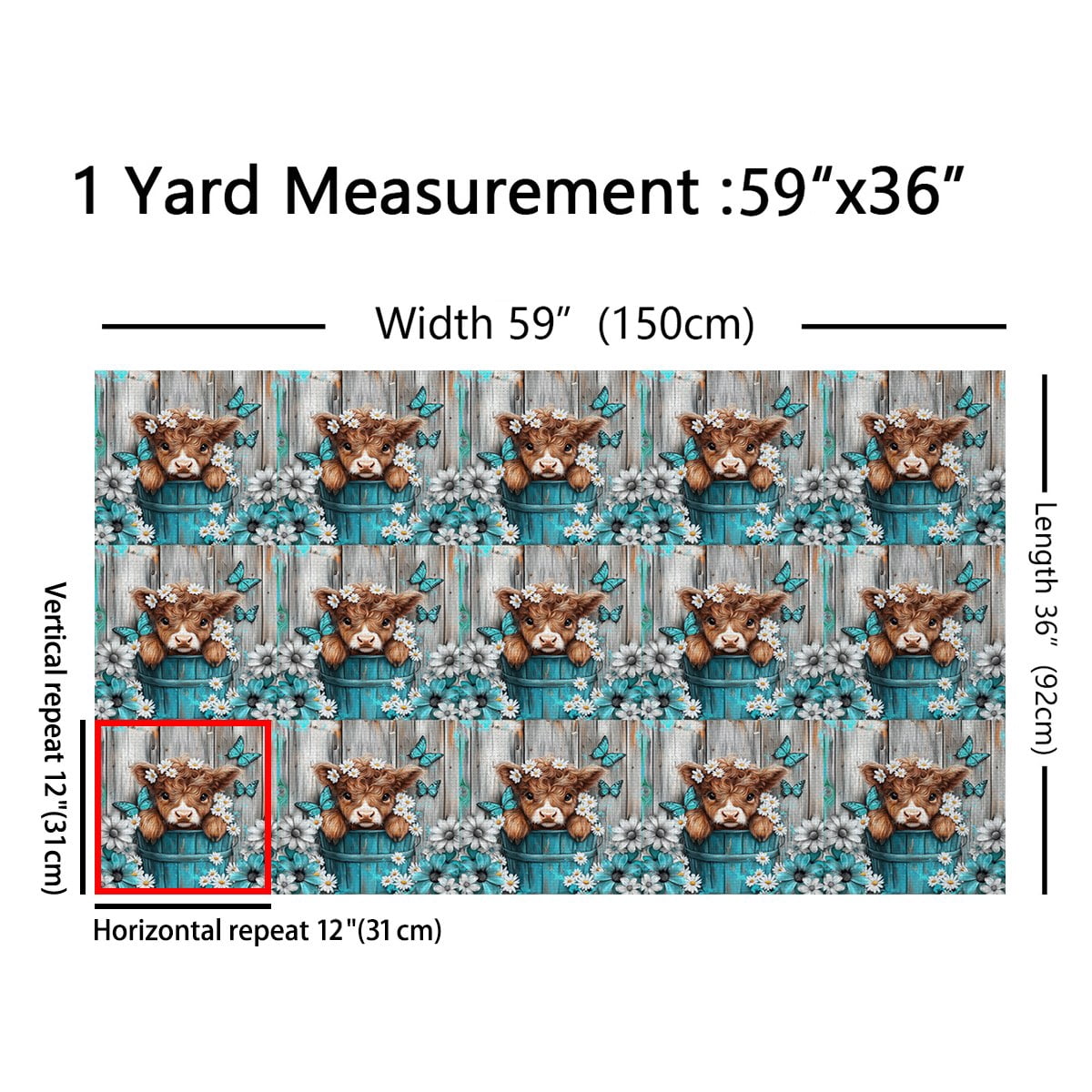 Homewish Cute Highland Cow Fabric by the Yard 2 Yard,Blue Butterlirs Cute Flower Room Decor Fabric by the Yard,Rustic Farmhouse Cabin Fabric for Sewing For Girls,Breathable Home Decor
