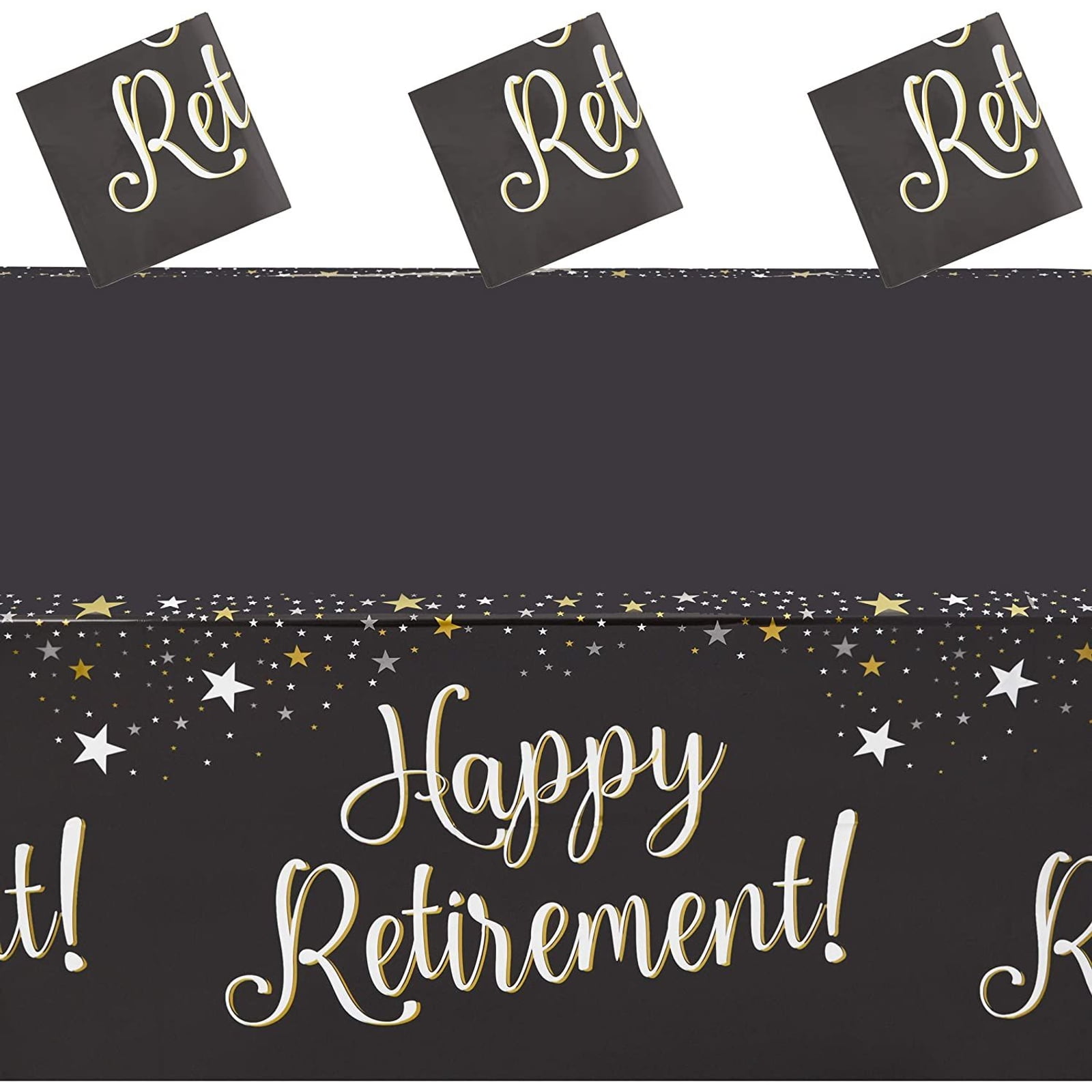 130 x 220 cm 2 Pack Plastic Happy Retirement Tablecloth Black and Gold Happy Retirement Party Decorations Plastic Disposable Rectangle Table Cover for Retirement Party 