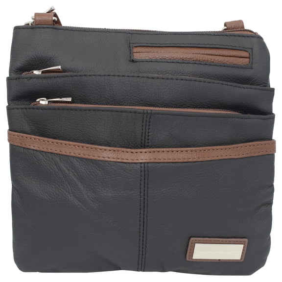 Pemium Leather Body Purse - Multi Pocket Zipper Cross Body Handbag with Exterior Mirror - Adjustable Shoulder Strap -Convenient Travel Bag - Designed in the U.S.A.