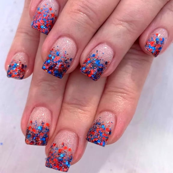4th of July Press on Nails Medium Square Fake Nails Ombre French Tip Acrylic Nails Glossy Glue on Nails Red Blue Gradient False Nails with Stars Design Independence Day Stick on Nails for Women 24Pcs