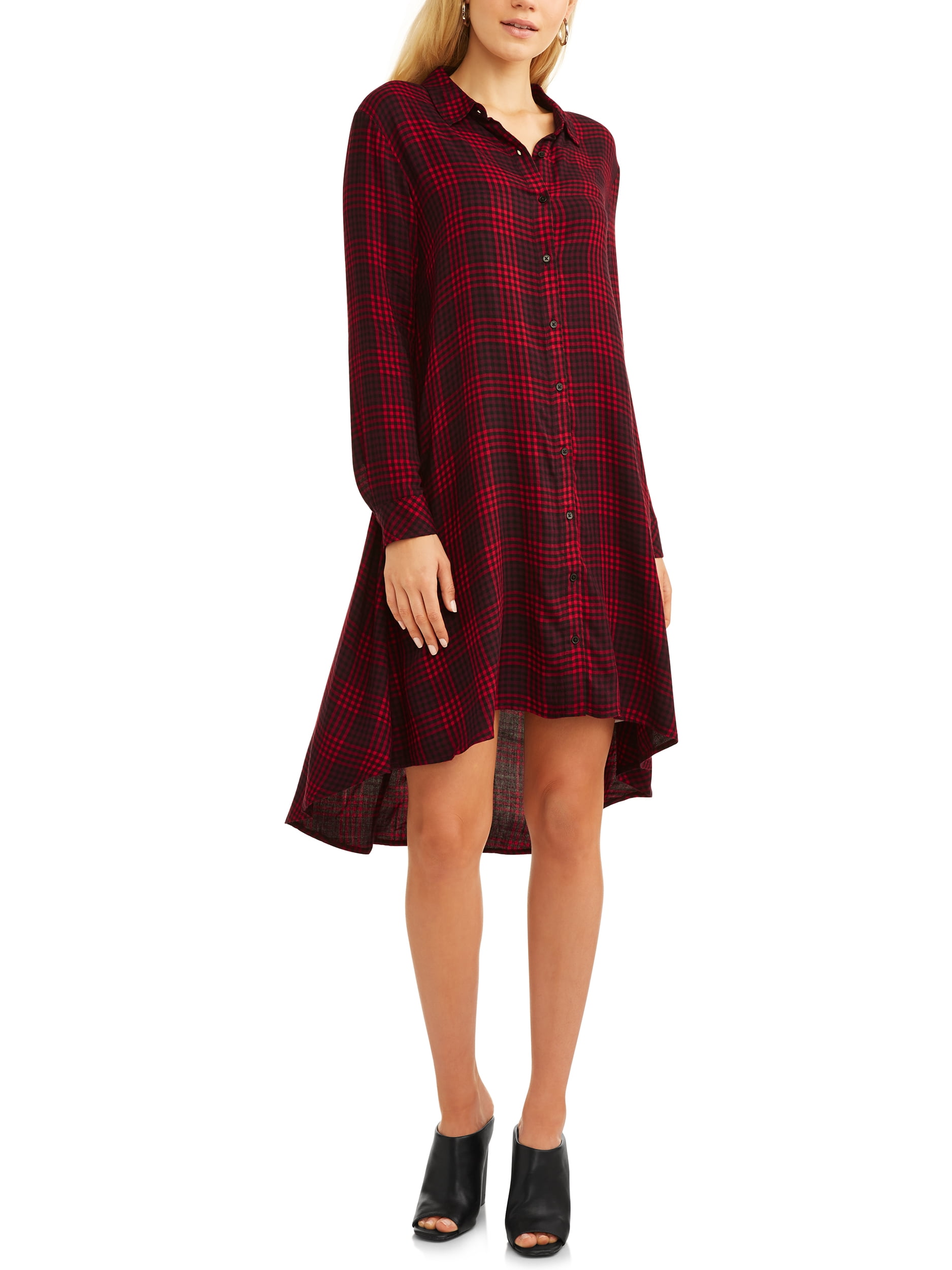 Women's Hi Lo Plaid Shirt Dress - Walmart.com