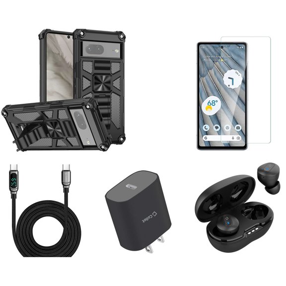 Accessories Bundle for Google Pixel 7a - (Black) Heavy Duty Armor Rugged Magnetic Mount Stand Case, Screen Protector, Wireless Earbuds, UL Listed USB-C Wall Charger, Digital USB-C Cable
