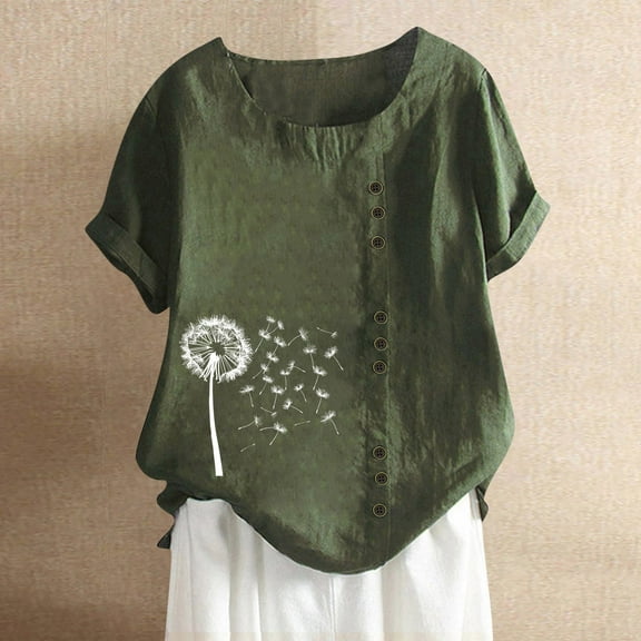 iHengLiXing 2025 Plus Size Spring Tops for Womens Dressy Casual Fashion women Rounk Neck Short Sleeve Blouse T-Shirt Printing Loose Green XXL