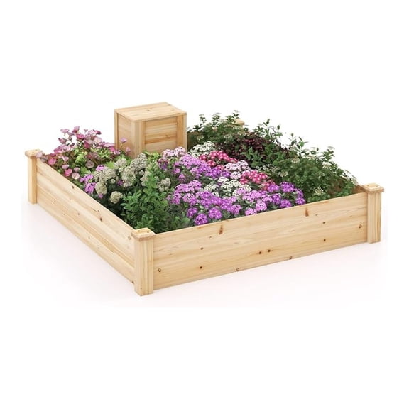 Raised Garden Bed with Wood Composter, 49" x 49" x 10" Open Base Fir Wood Garden Bed, Outdoor Elevated Garden Box Raised Bed, Above Ground Planter Box for Veggies Fruits Flowers