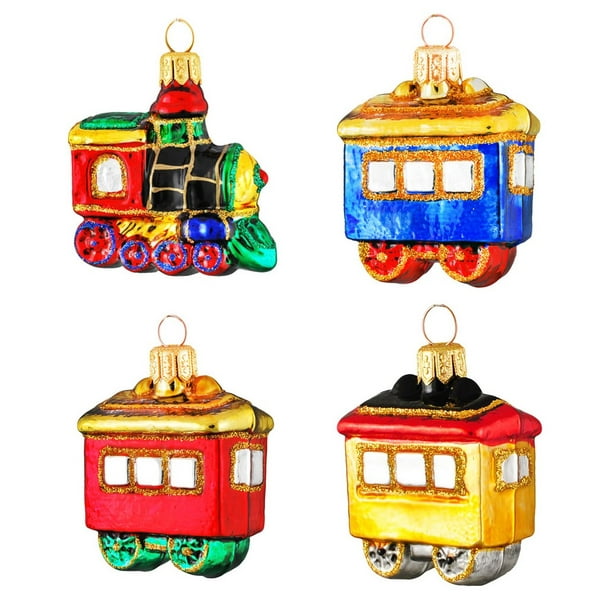 Toy Train Polish Glass Christmas Tree Ornaments Set of 4