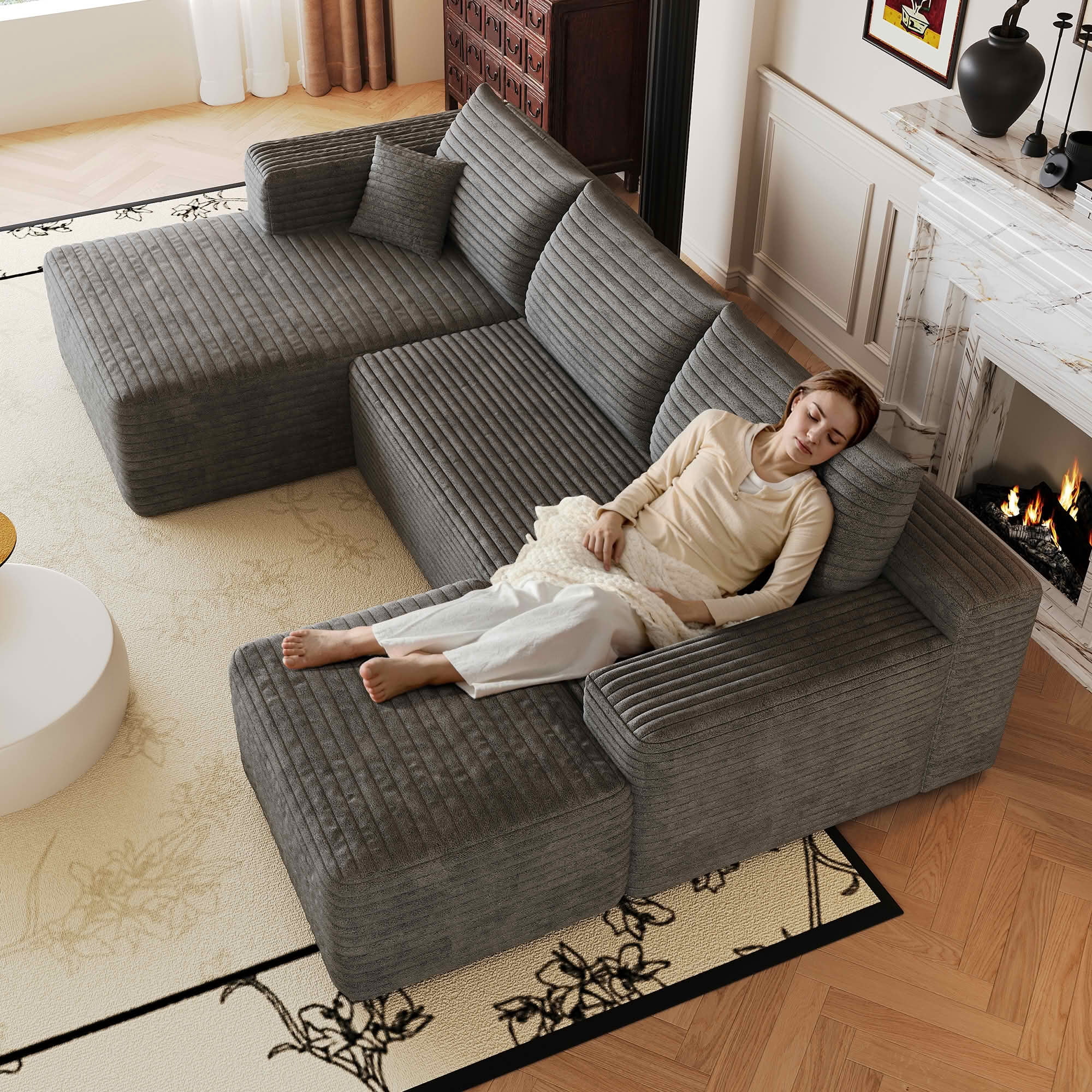 MAYEERTY 103 Inch Cloud L Shaped Sectional Sofa, Plush Corduroy Deep Seat Corner Couch, No Assembly Modern Minimalist Sofa for Living Room Apartment