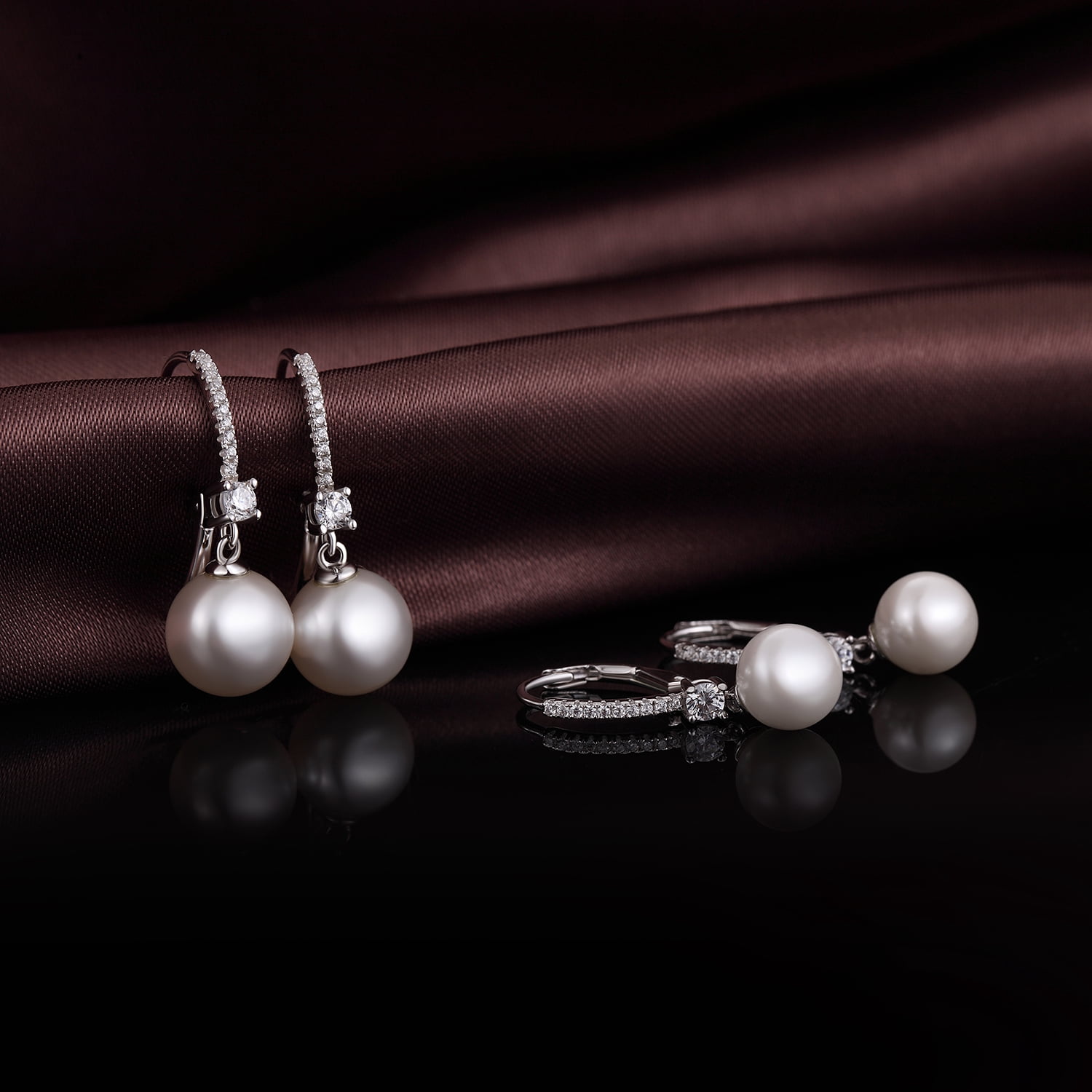 Jiamiaoi Pearl Dangle Earrings 8mm-10mm, 925 Sterling Silver Pearl Drop Earrings with Cubic Zirconia, Hypoallergenic Pearl Earring Leverback Pearl Earrings Drop Ideal Gift for Women