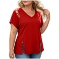 thumbnail image 4 of Scyoekwg Womens Plus Size Tops V-Neck Lace Up Cut Out Short Sleeve T-Shirt Solid Color Loose Fit Summer Blouses (Z01_Red,XXXXL), 4 of 7