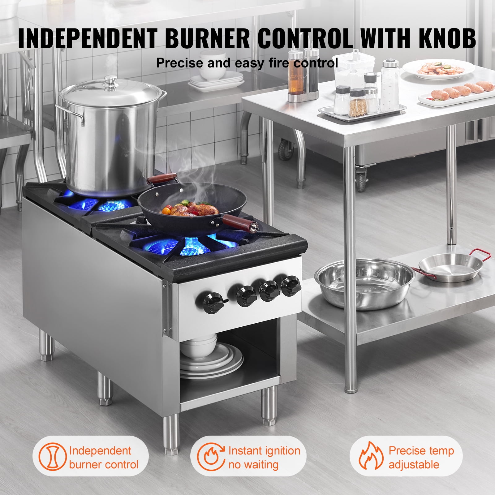 SKYSHALO Dual Burner Gas Range, Versatile for Propane or Natural Gas, Stainless Steel Countertop Cooktop, Ideal for Restaurants, 180,000 BTU