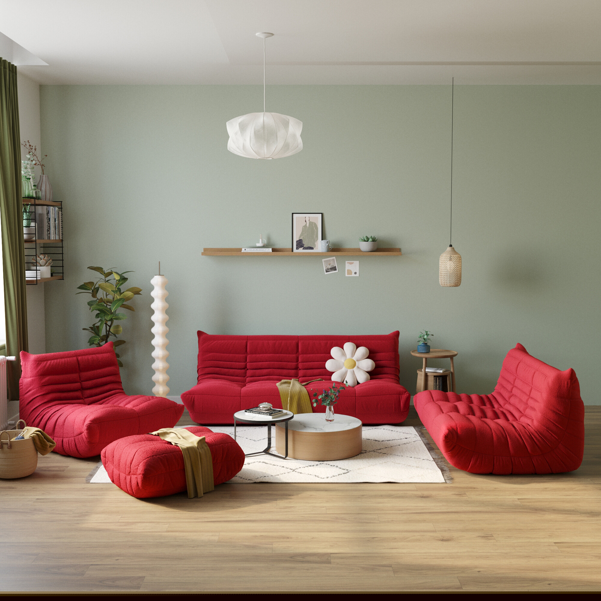 thumbnail image 4 of Magic Home Modern Sectional Sofa Togo Sofa Lazy Sofa Foam Couch Floor Sofa Velvet Couch for Living Room and Apartment,6 Seat Sofa and Ottoman,Red, 4 of 11