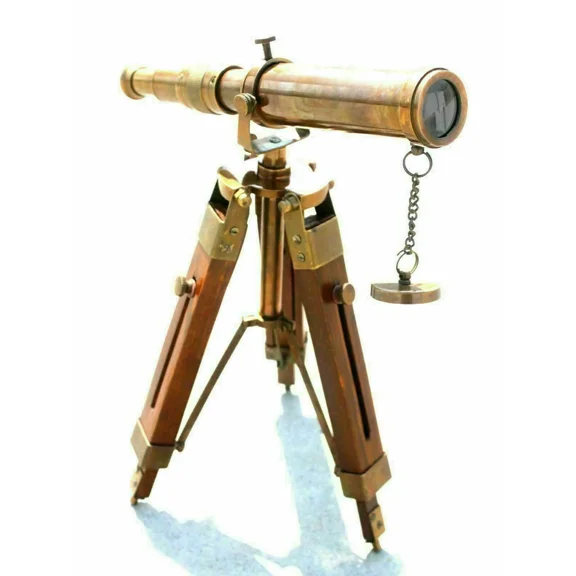 Brass Antique Finish Nautical Spyglass Telescope With Wooden Brown Tripod Stand