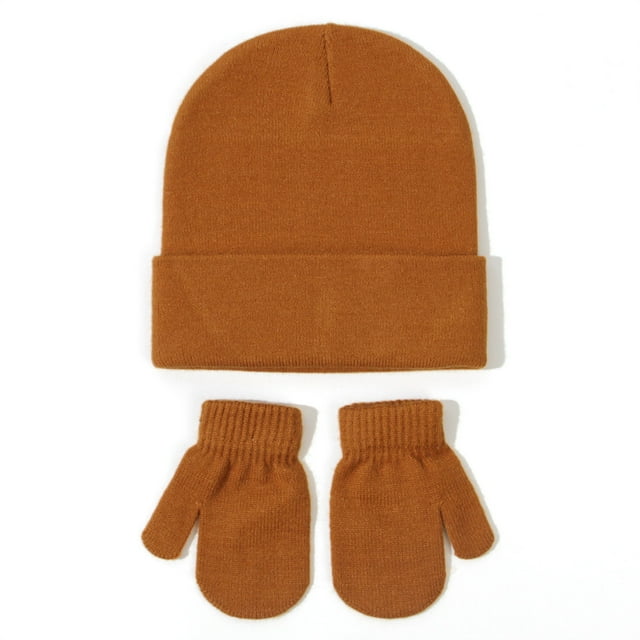 FAOWME Baby Knitted Hat And Glove Set Versatile Solid Color Fall Children Wool Pullover Hat Orange S