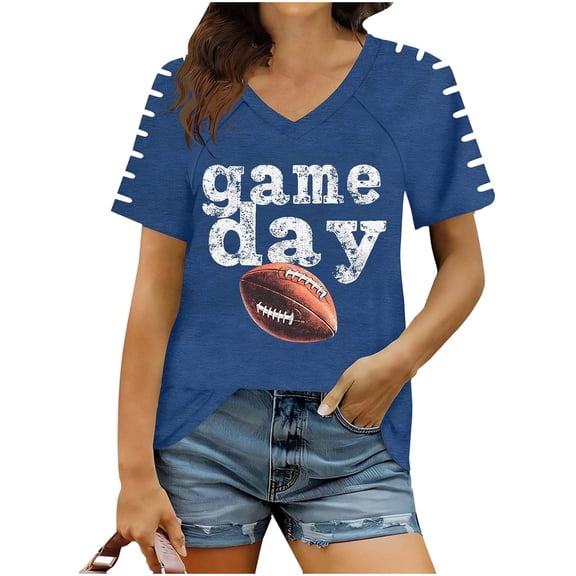 Gamivast Womens Graphic Tees Game Day Sparkly Football Graphic Print V Neck Short Sleeve Athletic Shirts T Shirts Trendy Casual Athletic Workout Wear