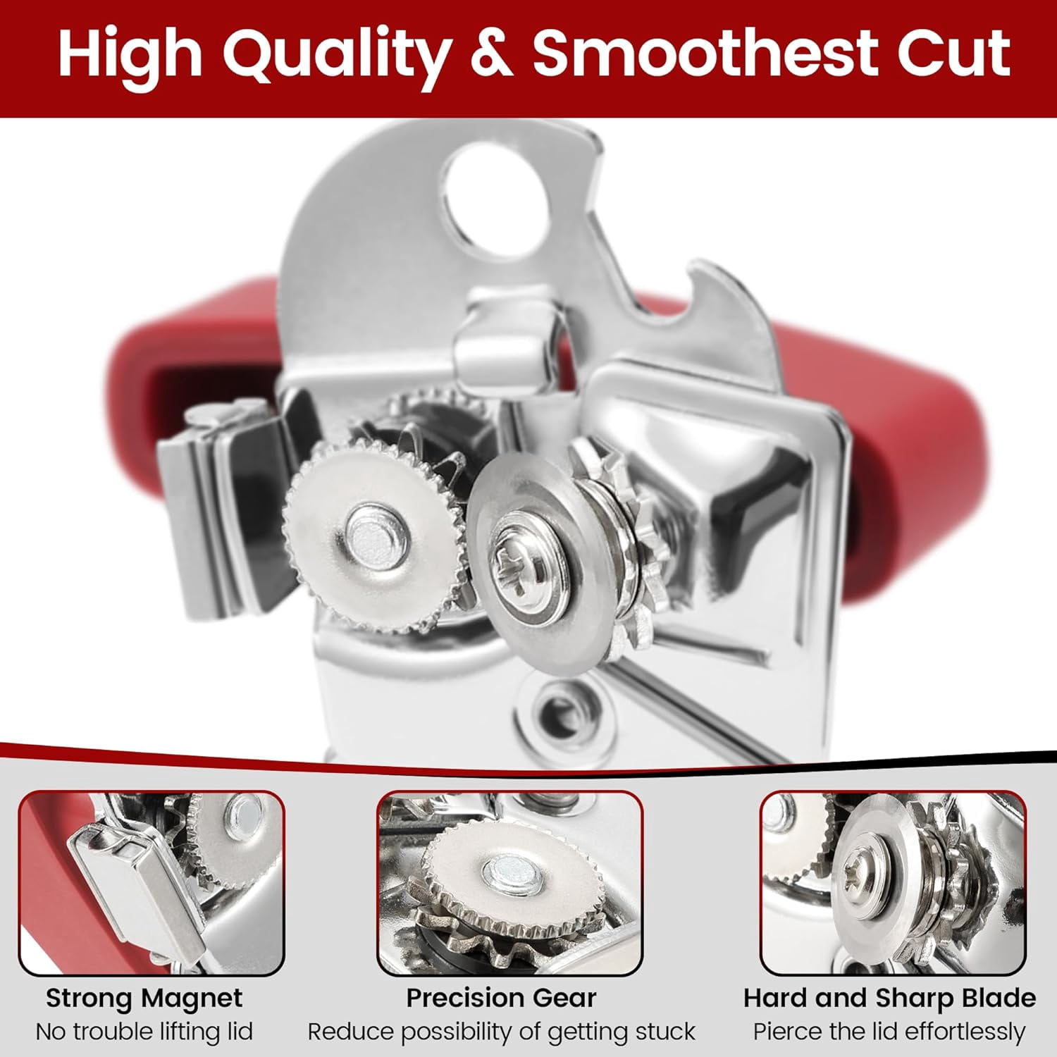 FRKSMD-Manual Can Opener Smooth Edge with Magnet, Stainless Steel Handheld Strong Can Bottle Opener, Extra Shape Cutting Blade&Large Turn Knob, Multifunctional 4 In 1 Kitchen Tool for Seniors, Red