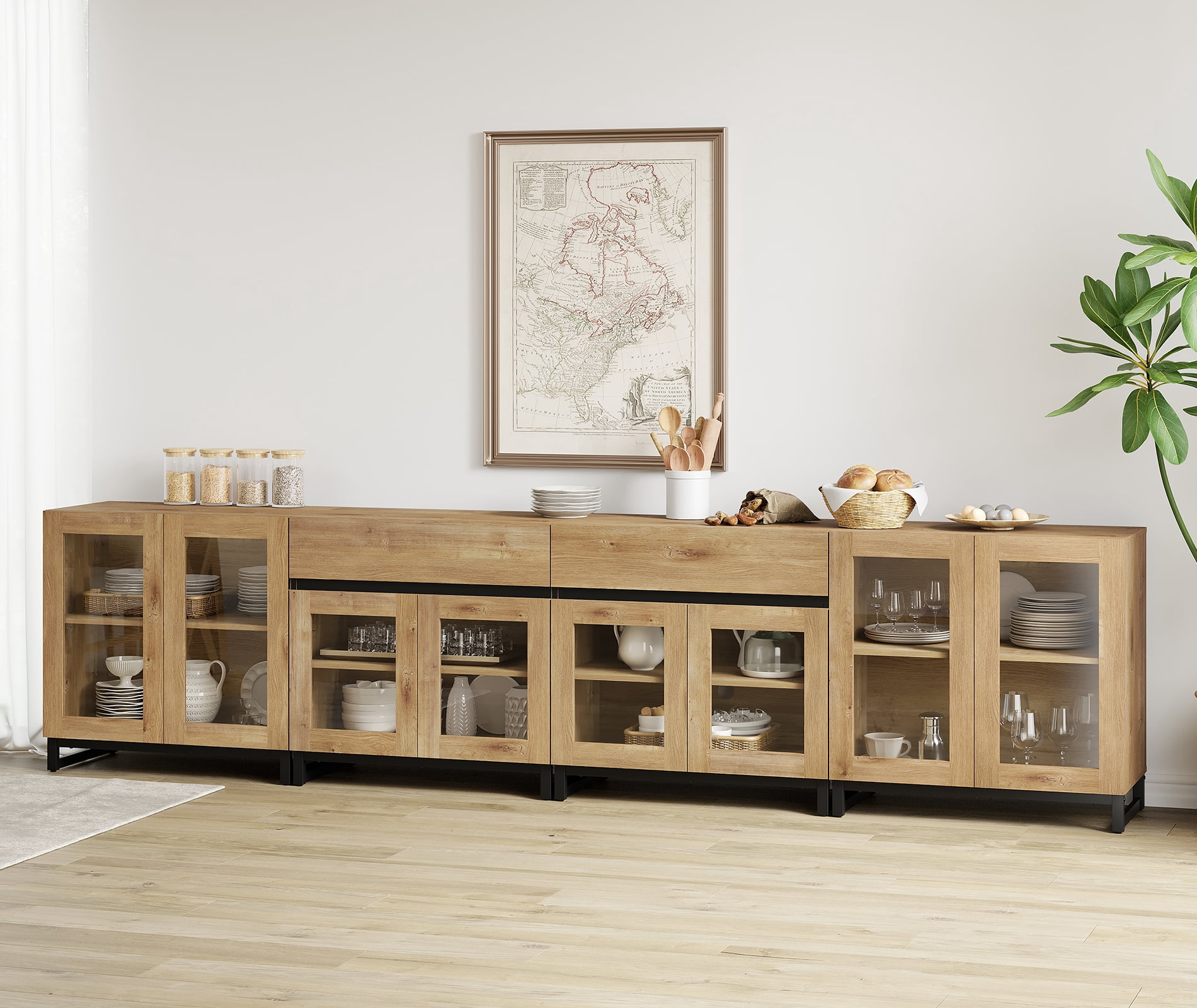 WAMPAT 4-in-1 Multifunctional Modern Sideboard Buffet with Glass Doors and 2 Drawers, Adjustable Shelf & Metal Base for Coffee Bar & Storage Credenza