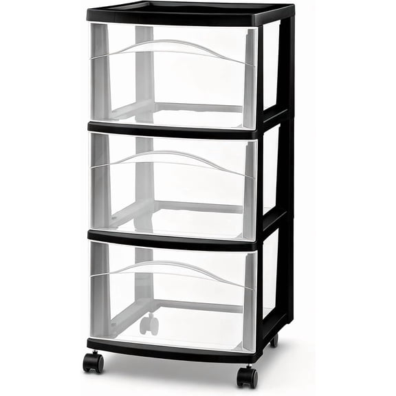 Plastic Storage Drawer Cart, Medium Home Organization Storage Container with 3 Large Drawers w/Removeable Wheels (1 Pack, Black)