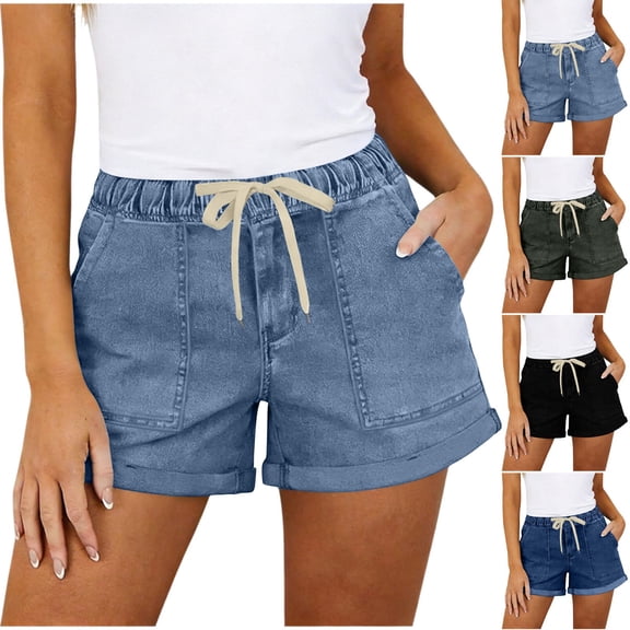Jinhomg Jean Shorts for Women High Waisted Pull On Drawstring Elastic Waist Shorts Trendy Stretchy Denim Jorts Summer Shorts Dark Blue M