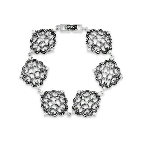 Mother Of Pearl Marcasite Bracelet - Freshwater Pearl and Swarovski Marcasite Sterling Silver Oxidized Bracelet, 7.5