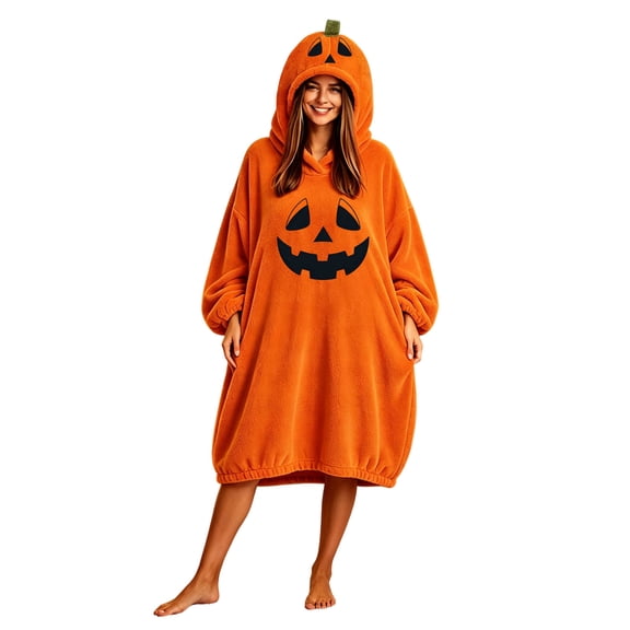 Edvintorg Lounge Dress for Women Plus Size House Dresses Halloween Printed Hooded Nightshirts Long Sleeve Casual Flannel Nightgown Womens Clothes Orange XXXL