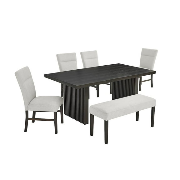 Roundhill Furniture Madison 6-PC Dining Set, Slat-Fluted Dining Table with 4 Chairs and Bench, Gray