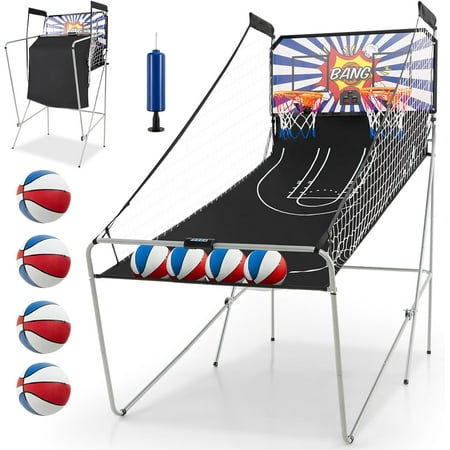 Foldable Dual Shot Basketball Arcade Game, Electronic Basketball Hoop Game w/LCD Scoreboard, 8 Game Modes, 4 Balls, Indoor Outdoor Basketball Game Machine for Kids Adults (White+Navy)