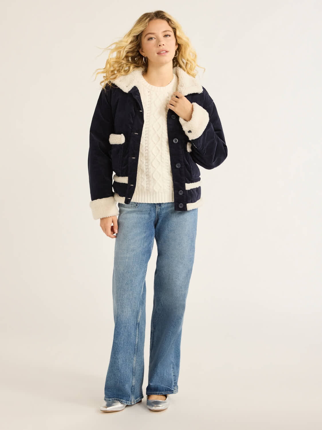 Free Assembly Women's and Women's Plus Corduroy Jacket with Faux Shearling Trim, Sizes XS-4X