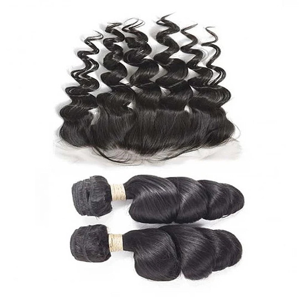 2 Bundles Loose Deep Wave Human Hair, 100% Unprocessed Brazilian Virgin Remy Hair Extension With 13x4 Lace Frontal Natural Black Color for Women