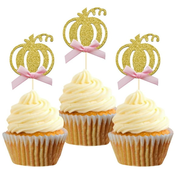 Pumpkin Cupcake Topper Fall Theme Cake Decoration for Pumpkin Themed Baby Shower Party Supplies, Pumpkin Food Pick - 12pcs (Pink Bow)