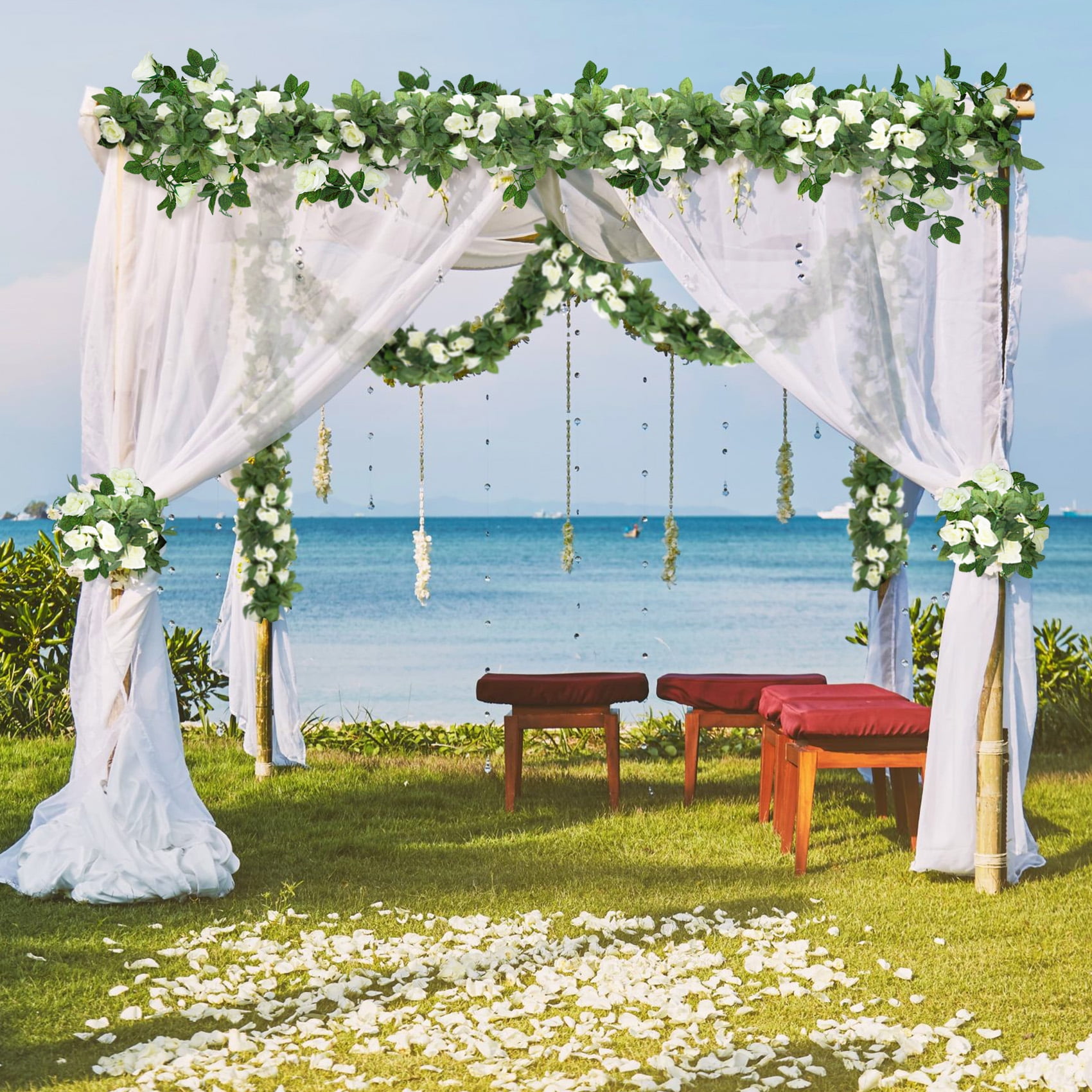 YOLETO Artificial Flowers Garlands - 2 Strand 216cm Long Artificial Flower Vines for Decorations, 16 Flowers per Strand, Faux White Rose Floral Arch for Home, Garden, Weddings, Parties