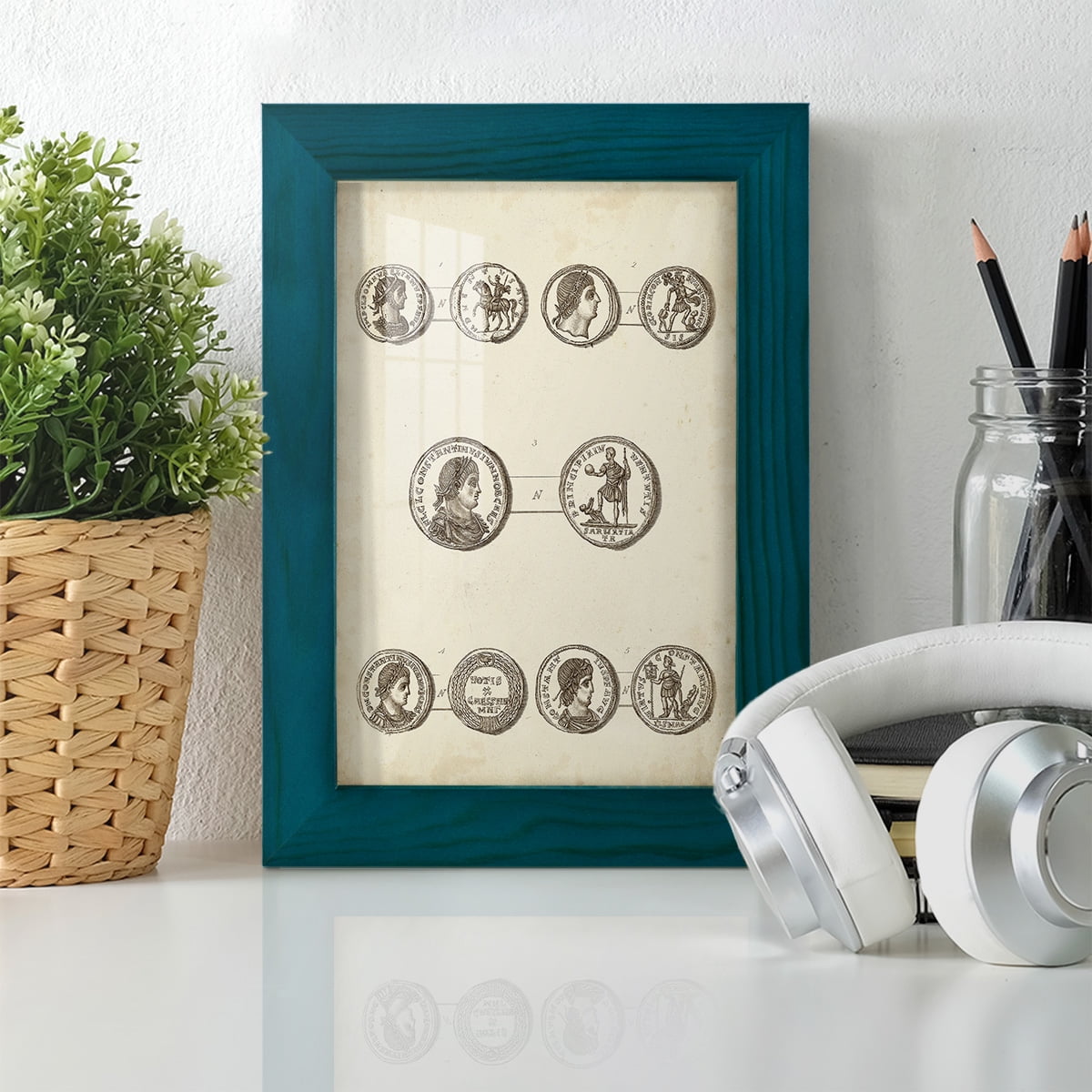 Antique Roman Coins V -Framed Print w/glass-Ocean Blue