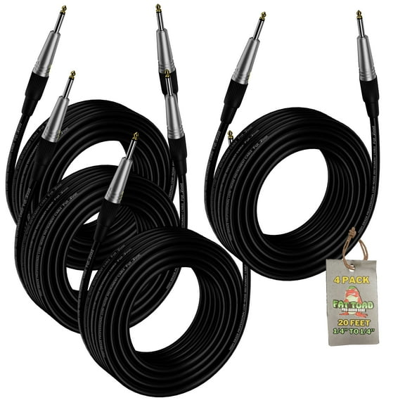 Guitar Cables (4 Pack) Instrument Cord by Fat Toad 24 AWG Patch Conductor for Electric or Acoustic Guitar, Bass, Amps, Keyboards & Pro-Audio DJ Recording Studio PA 20FT 1/4 Inch Straight-End Wires