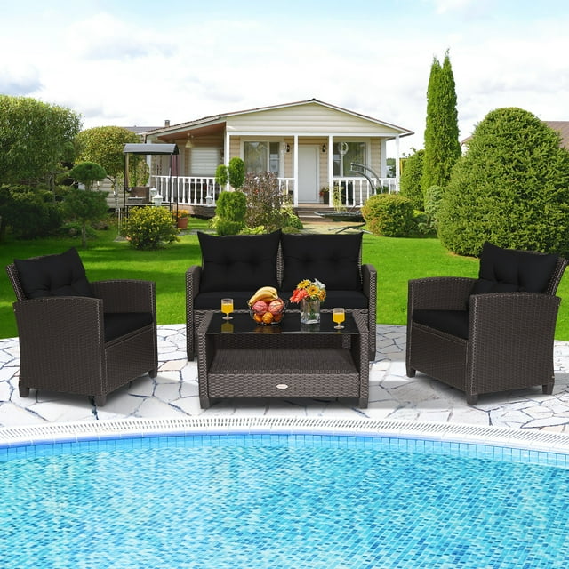Costway Ensemble de Mobilier de Patio en Rotin 4 Pcs Table en Verre Étagère Canapé Coussin Noir