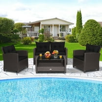 Costway 4 PCS Patio Rattan Furniture Set Glass Table Shelf Sofa Cushion Black