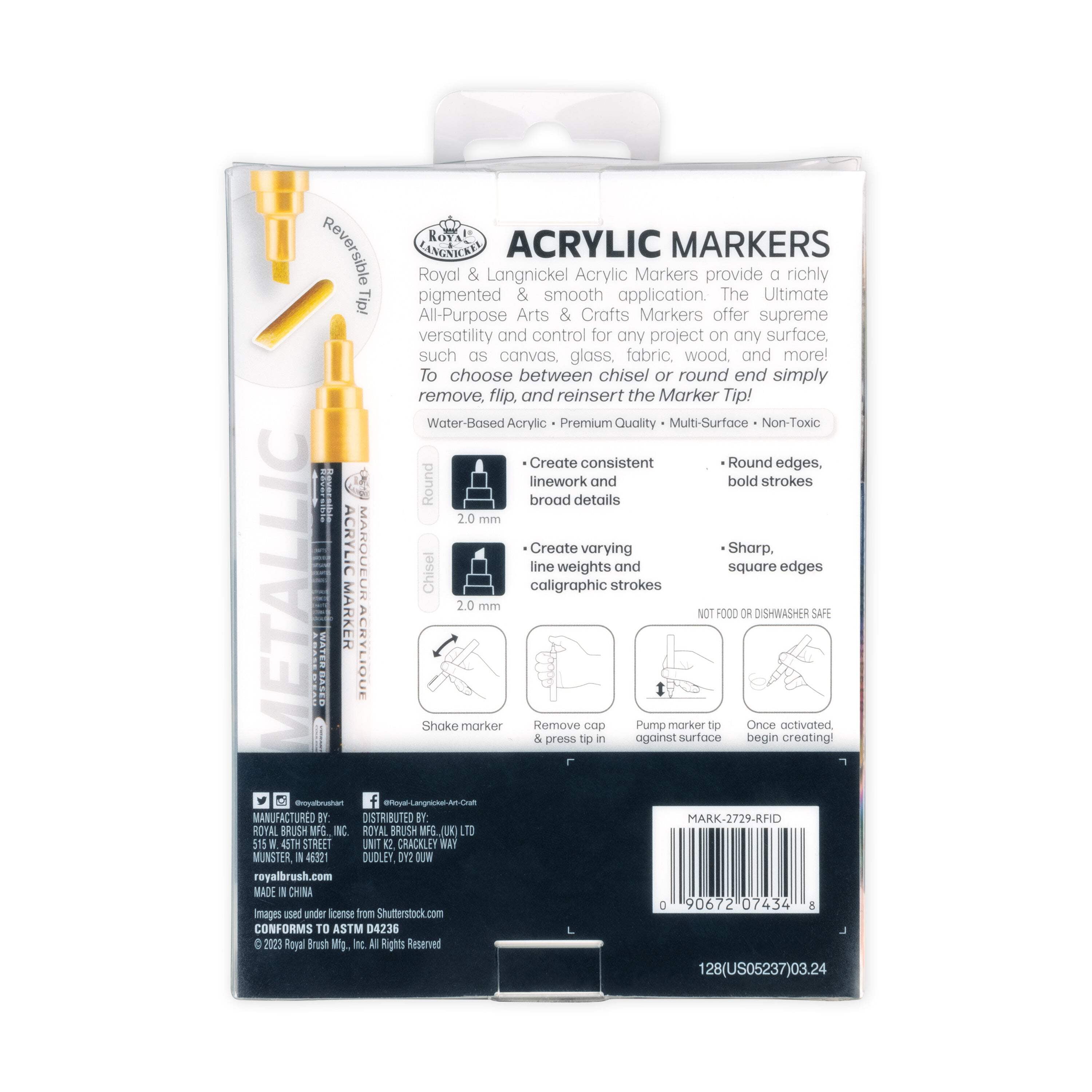 Royal & Langnickel Acrylic Metallic Markers, 6 Piece Set, Reversible Tip