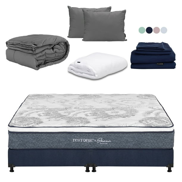 Colchón King Size Ghana + Box + Almohadas 2Pack + Protector de Colchón + Sábanas Softy + Edredón Homy