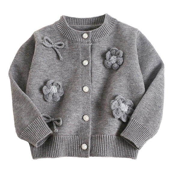 Girls Knitted Cardigan Crew Neck Long Sleeve Button Down Sweater Cute Soft Comfy Outwear With Bow & Floral (2 Years, Gray)