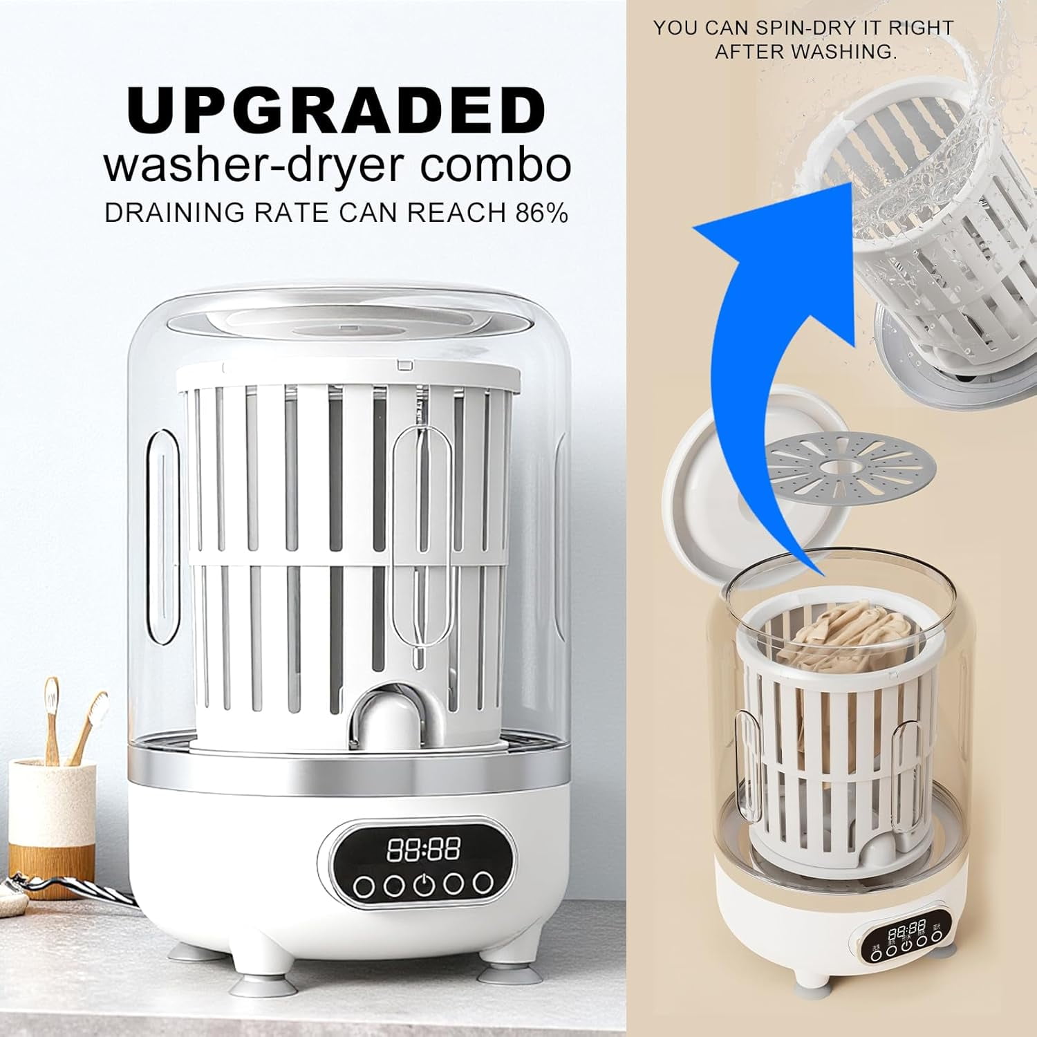 3-in-1 Portable Washing Machine, 3L Cordless Underwear Washing Machine with Spin Basket, 3 Modes 3000mAh Laundry Machine for Apartment, Dorm, RV, Hotel Use,White