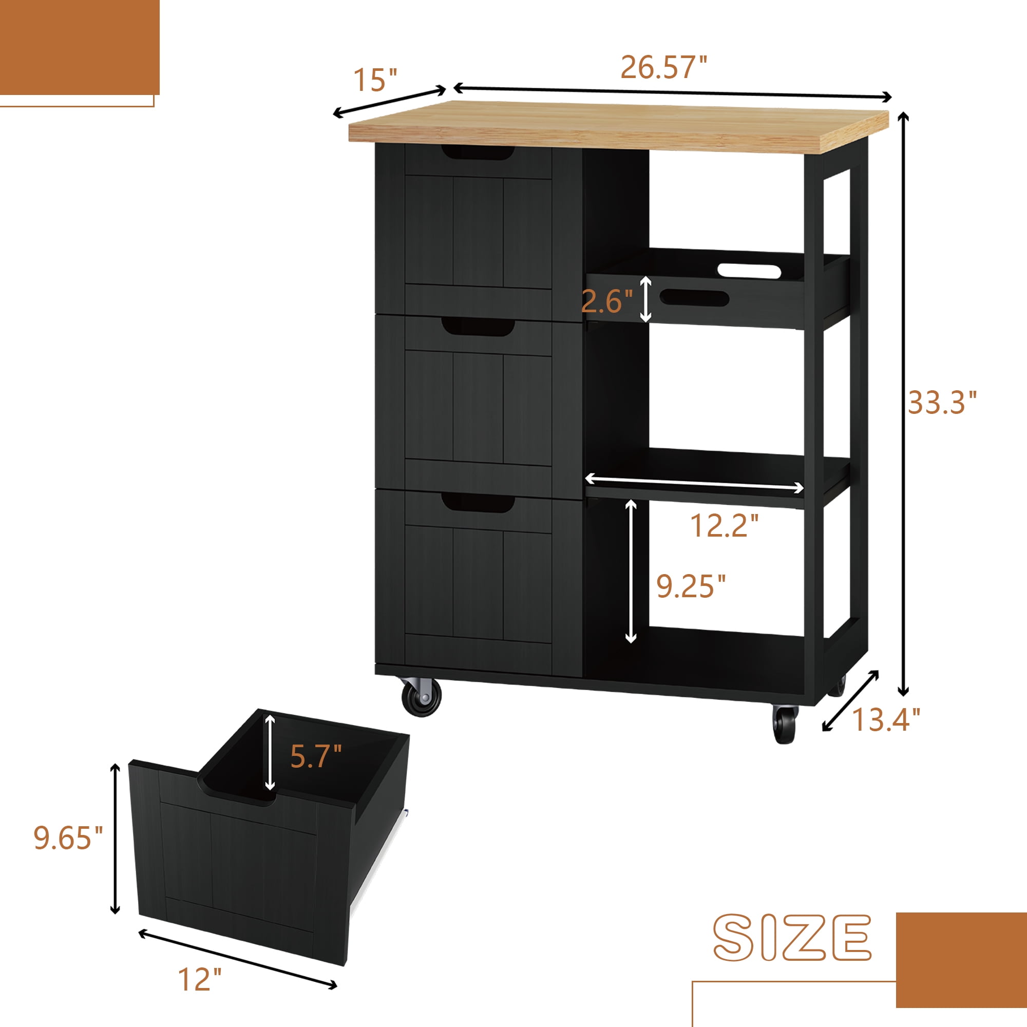 Walsunny Kitchen Island, Rolling Kitchen Storage Cart with 3 drawers 3 Level Open Wooden shelving Counter tops（Black）