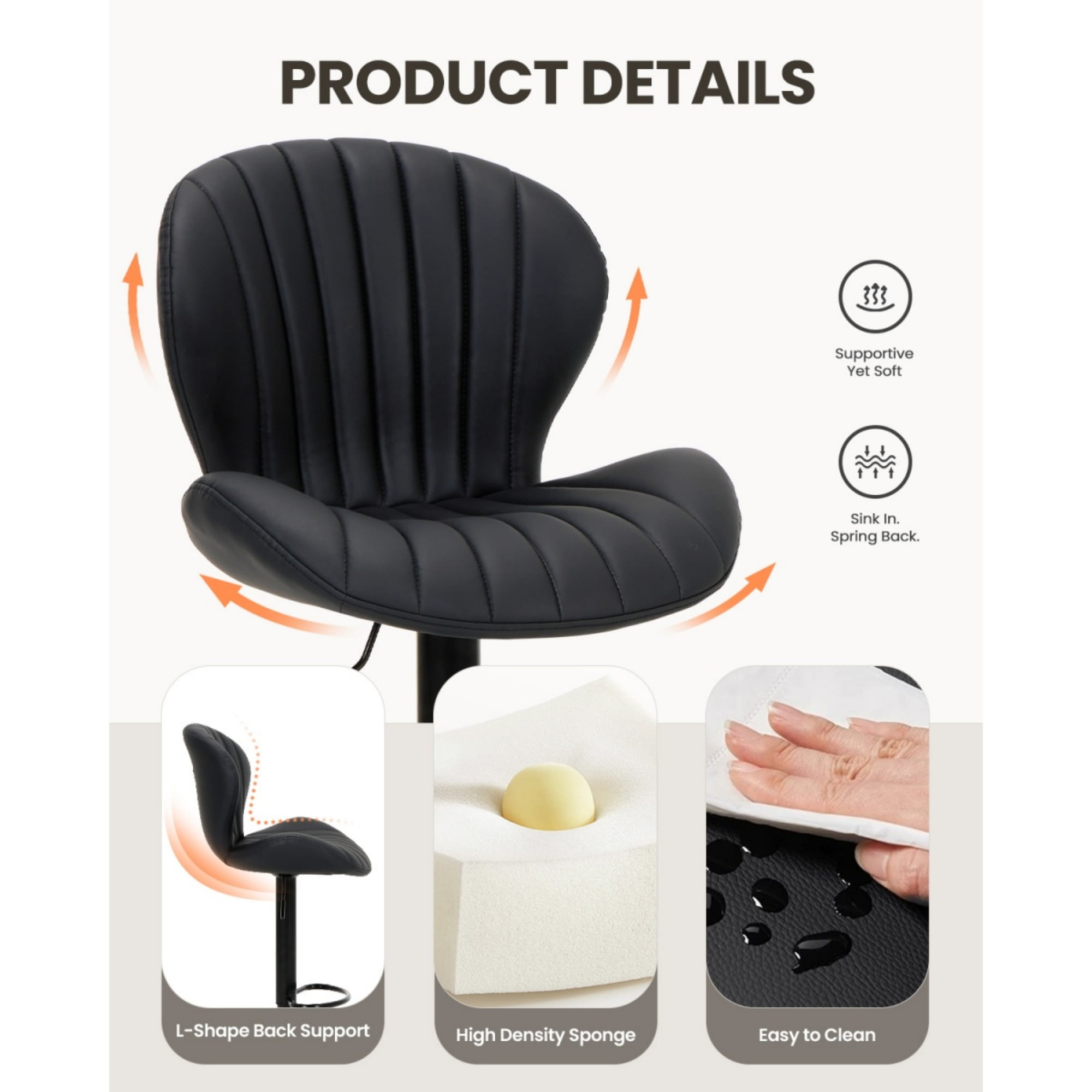 EOP Swivel Bar Stools Set of 4, Modern Upholstered Adjustable Height Counter Stools with Footrest, Faux Leather Upholstered BarStools with Metal Frame, Bar Chairs with Backrest, Black