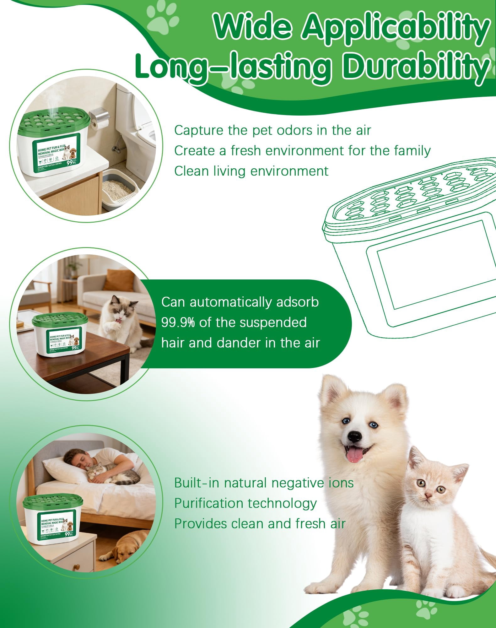 Home Pet Fur & Odor Removal Magic Box, Indoor Air Purification Dust Removal Magic Box for Home Pet Hair, Portable Odor Eliminator & Dust Collector for Bedroom, Living Room (3 PCS)