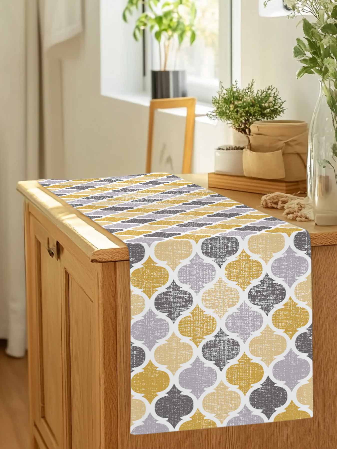 Yellow Grey Retro Moroccan Pattern Table Runner 90 Inches Long, Abstract Geometric Art Table Runners Tabletop Scarf Kitchen Dining Tables Decoration for Home Party Indoor Outdoor