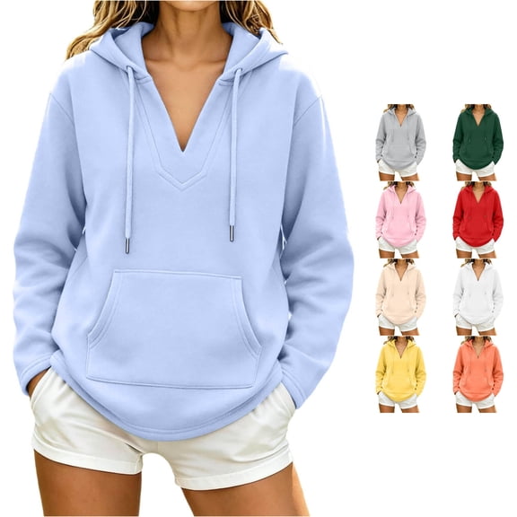 Trendfront Womens V Neck Hoodie Long Sleeve Casual Hooded Top With Kangaroo Pocket Everyday Wear Hooded Sweatshirt