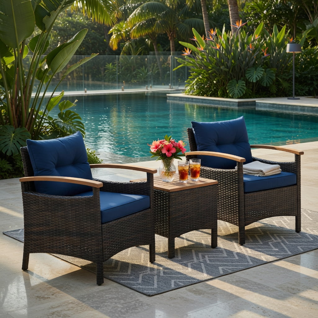 Hommoo 3-Piece Outdoor Rattan Patio Furniture Set, Steel Frame + Acacia Wood Coffee Table, Weather-Resistant PE Wicker Sofas, Navy