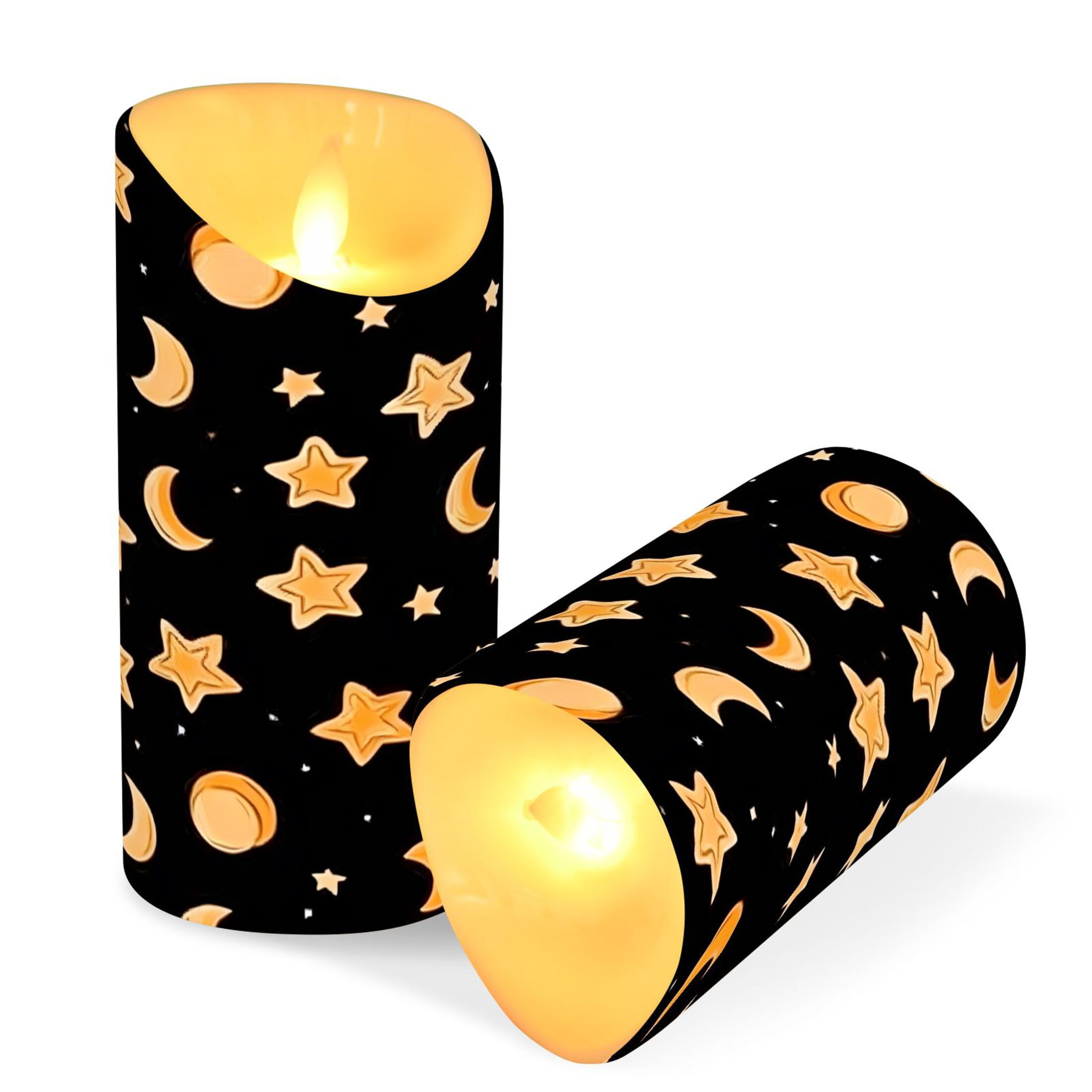 Sun Moon and Stars Flameless Candles 2 PCS with Remote Realistic Moving Flame LED Tapered Pillar Set for Home Decor