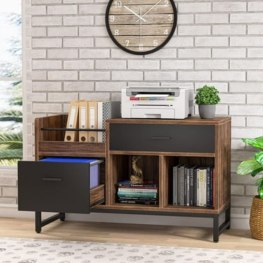 Tribesigns 2 Drawers Wood File Cabinet, Rustic Lateral Filing Cabinet, Printer Stand with Open Storage Shelves and Letter Size/A4 Size Drawer for Home Office, Black & Brown