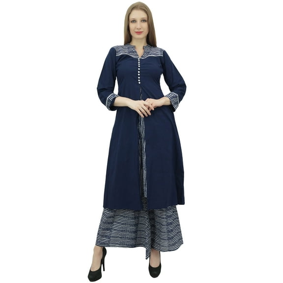 Phagun Women's Navy Blue A-Line Kurti Kurta Dress With Palazzo Indian Clothing-18