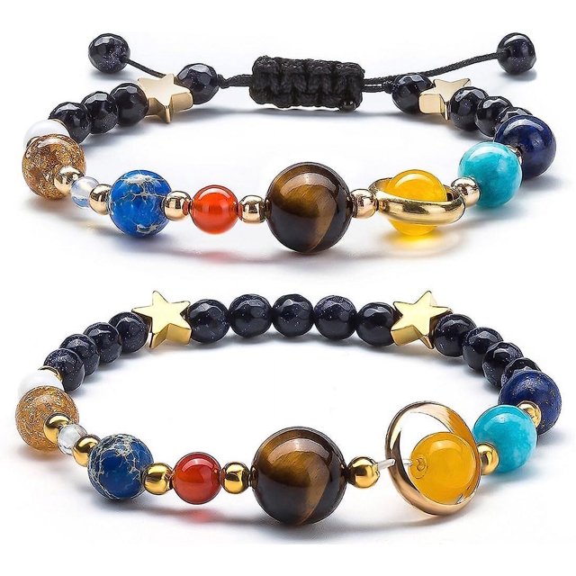 Pulsera del sistema solar para mujer, galaxia del universo, los ocho planetas, estrella guardiana, cuentas de piedra natural, brazalete, regalos para niñas, juego de 2 piezas -