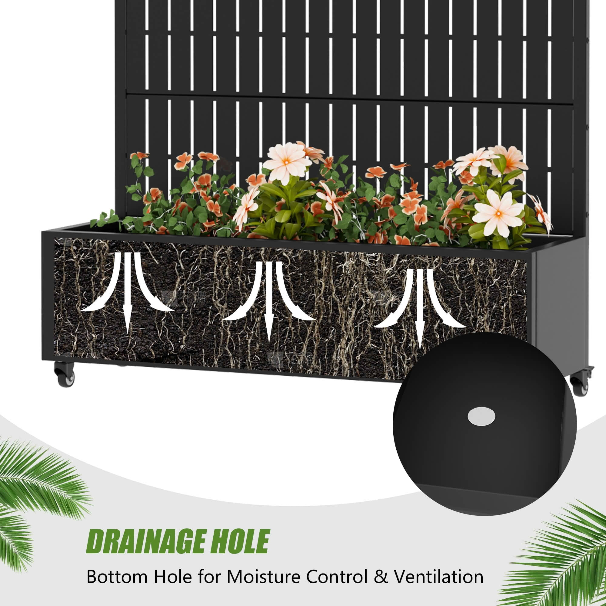 MAYEERTY 72X47" Metal Outdoor Black Privacy Screen with Planter Box for Backyard & Garden, 5 Piece Set, Double‑sided Installation